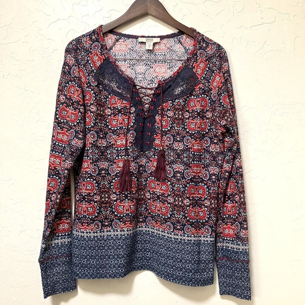 Vintage America Blues Boho Knit Top Sz XL Lace Up Long Sleeve